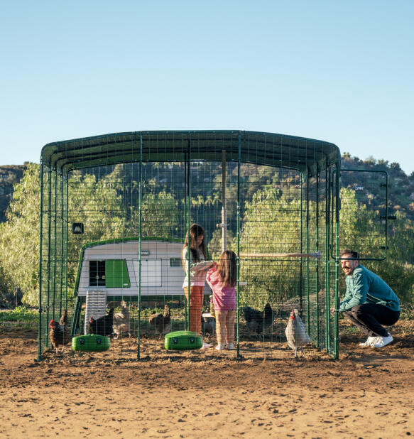 family with their eglu pro chicken coop and walk in run set up with smart enabled autodoor